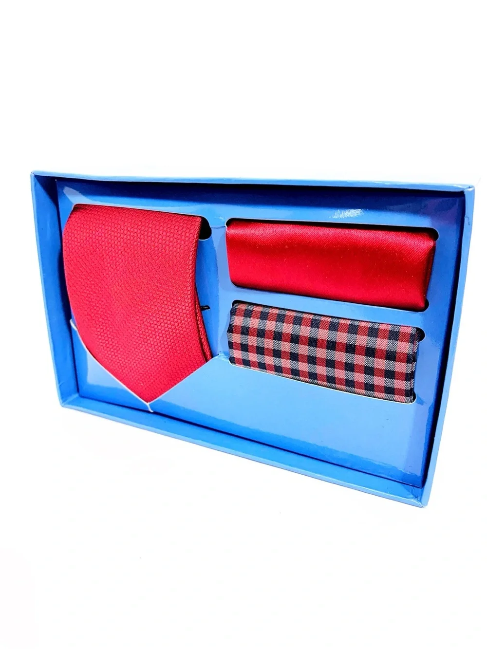 Isaac Mizrahi Red Tie with Matching Solid and Plaid Pocket Squares